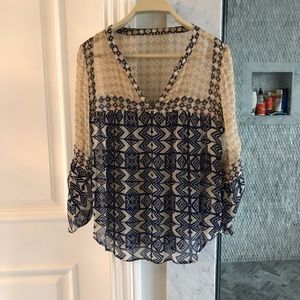 BCBG Cream and Blue Printed Blouse